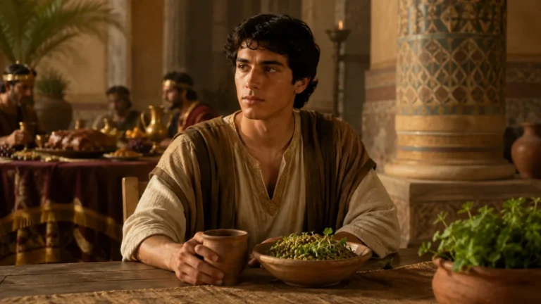 Daniel choosing vegetables and water instead of the king’s food in Babylon, inspired by Daniel 1:8–16
