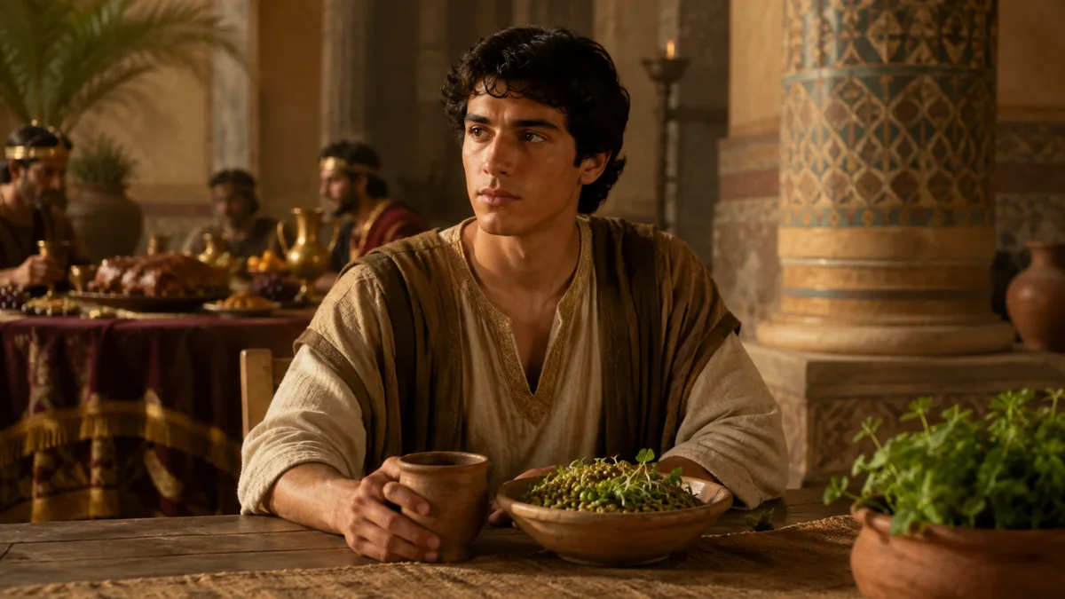 Daniel choosing vegetables and water instead of the king’s food in Babylon, inspired by Daniel 1:8–16