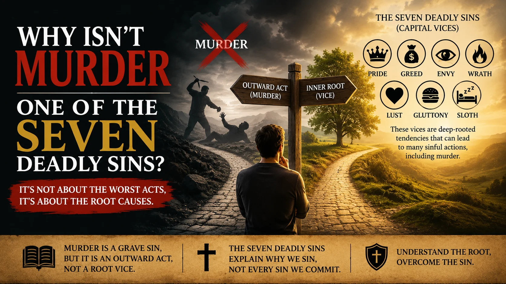Why murder is not one of the seven deadly sins, contrasting murder as a grave act with the seven capital vices as root causes of other sins