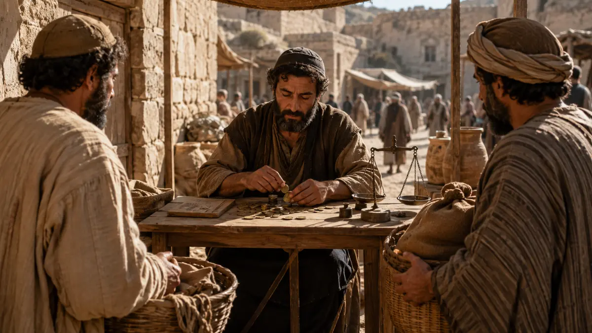 First-century tax collector counting coins at a Galilean toll booth while two wary merchants wait with their goods.