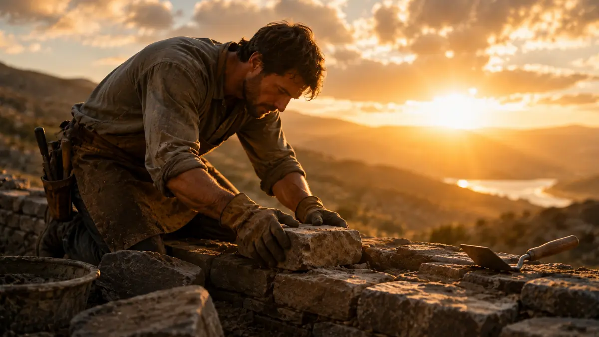 Craftsman building a stone wall at sunset, symbolizing faithful labour in the Lord that is never in vain.