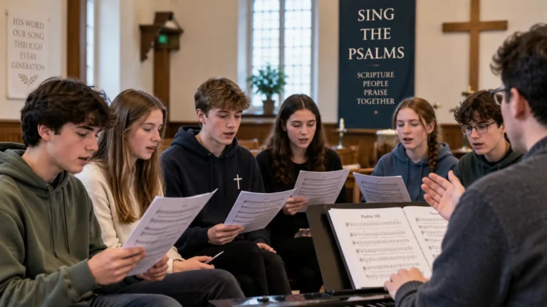 Church youth group learning to sing the Psalms together during a rehearsal