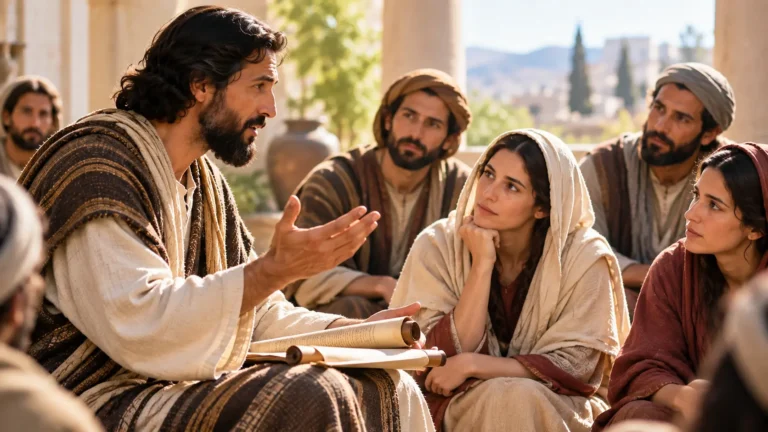 Biblical-era teacher speaking to attentive men and women, illustrating the context of 1 Timothy 2:11–12 on teaching and authority