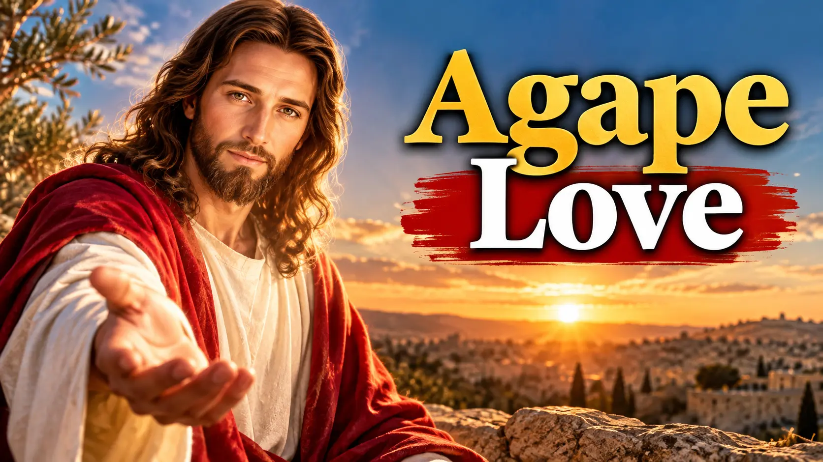 Jesus reaching out at sunset with the words “Agape Love,” illustrating the biblical meaning of agape love