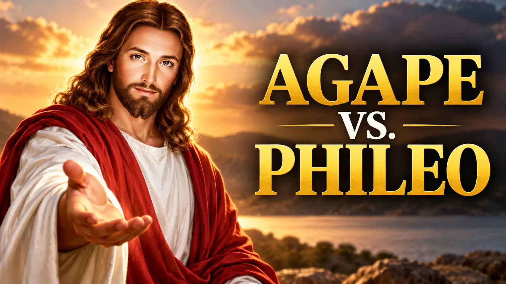Jesus reaching out at sunset beside the words “Agape vs. Phileo,” illustrating the biblical comparison of two Greek words for love.