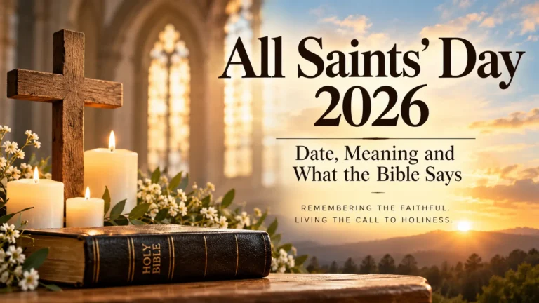 All Saints’ Day 2026 featured image with Bible, wooden cross, candles, flowers, and sunrise symbolizing Christian faith and holiness