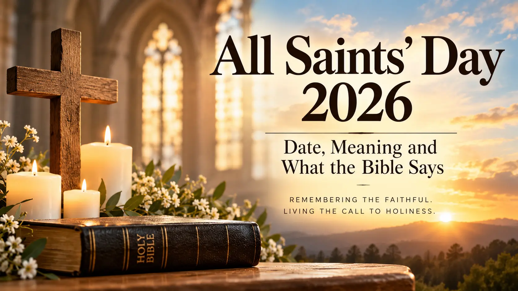 All Saints’ Day 2026 featured image with Bible, wooden cross, candles, flowers, and sunrise symbolizing Christian faith and holiness