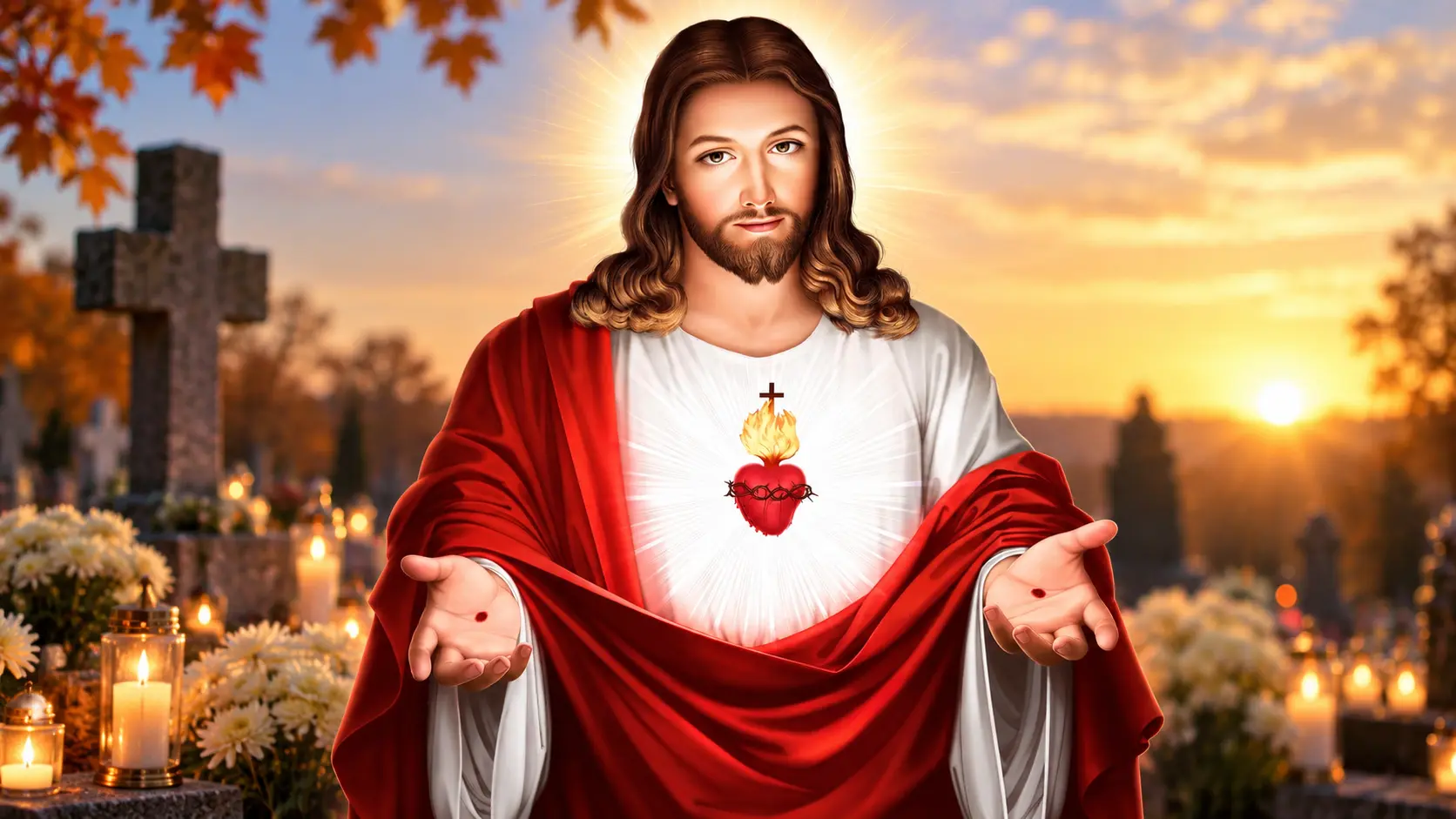 Jesus with the Sacred Heart standing in a candlelit cemetery at sunset for All Souls’ Day 2026.