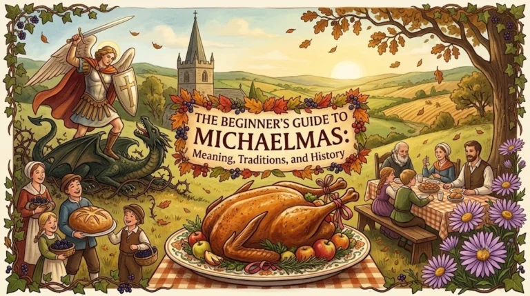 Illustration depicting St. Michael battling a dragon, a traditional Michaelmas roast goose feast, children holding blackberries, and purple Michaelmas daisies in an autumn landscape.