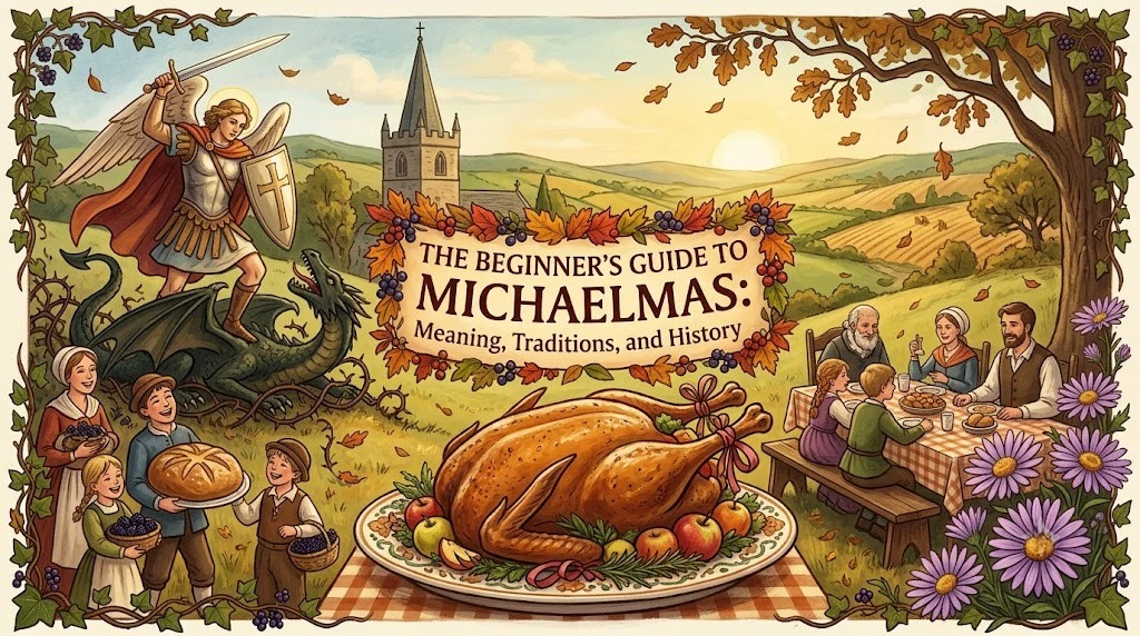 Illustration depicting St. Michael battling a dragon, a traditional Michaelmas roast goose feast, children holding blackberries, and purple Michaelmas daisies in an autumn landscape.
