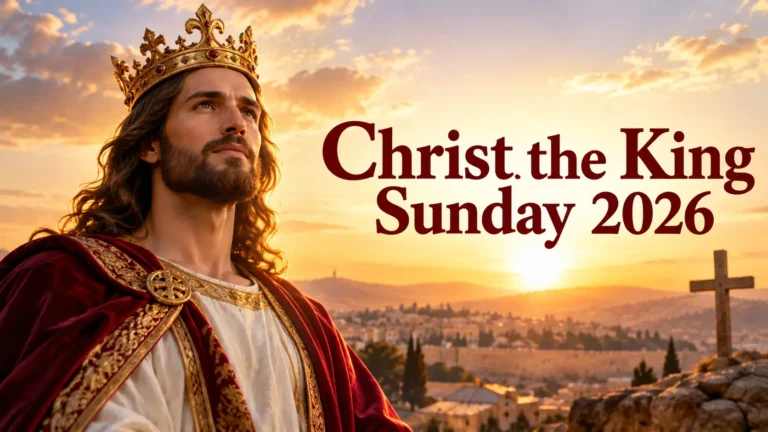 Jesus depicted as King at sunset for Christ the King Sunday 2026