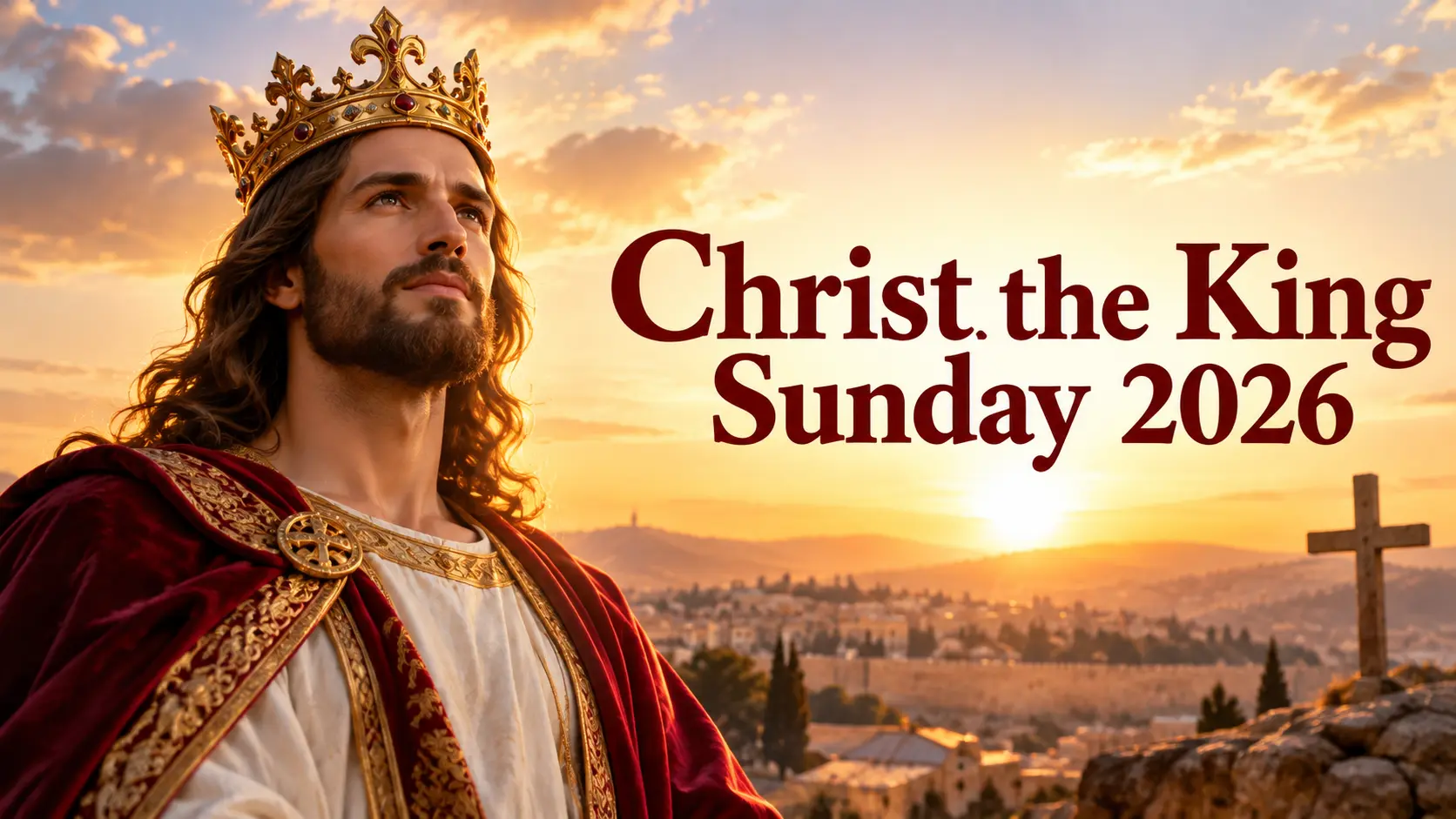 Jesus depicted as King at sunset for Christ the King Sunday 2026