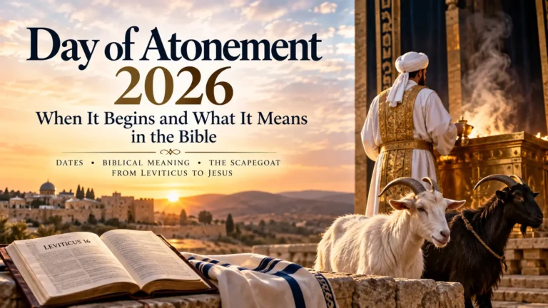 Day of Atonement 2026 illustration showing a high priest, two goats, Leviticus 16, and Jerusalem at sunset.
