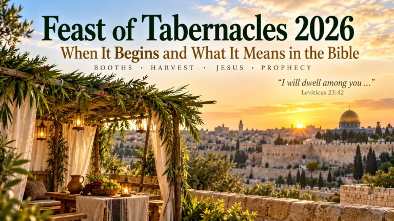 Feast of Tabernacles 2026 illustration with a leafy sukkah overlooking Jerusalem at sunset, representing Sukkot’s biblical meaning.