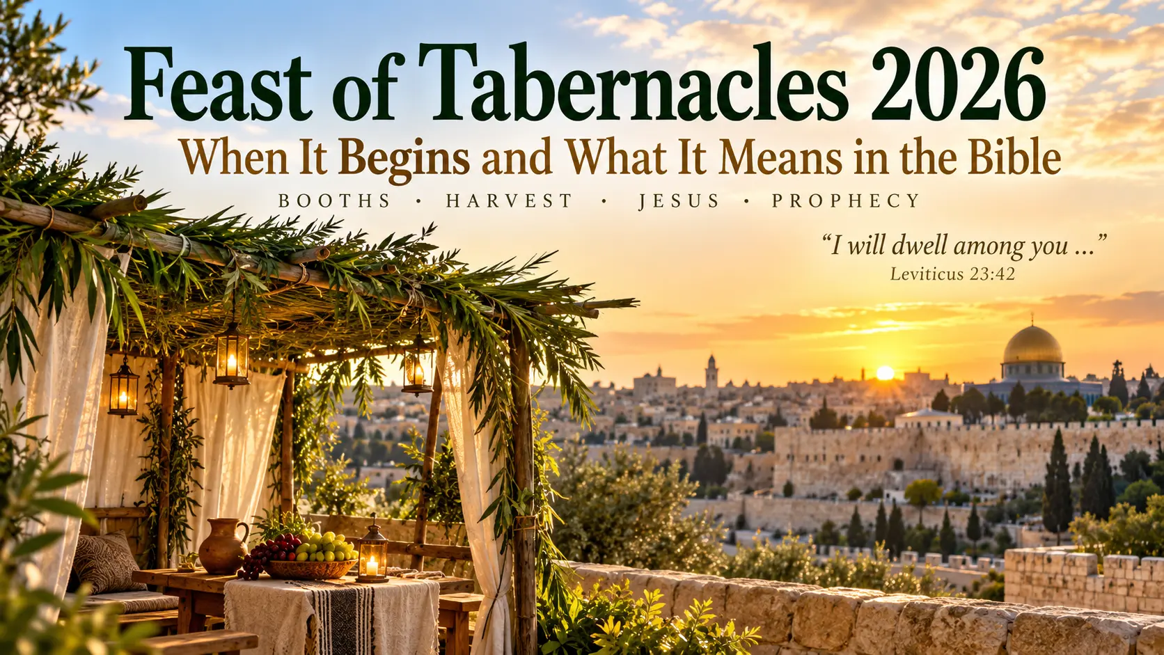 Feast of Tabernacles 2026 illustration with a leafy sukkah overlooking Jerusalem at sunset, representing Sukkot’s biblical meaning.