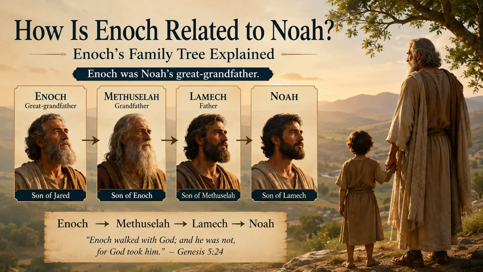 Enoch’s family tree showing Enoch, Methuselah, Lamech, and Noah, explaining that Enoch was Noah’s great-grandfather.