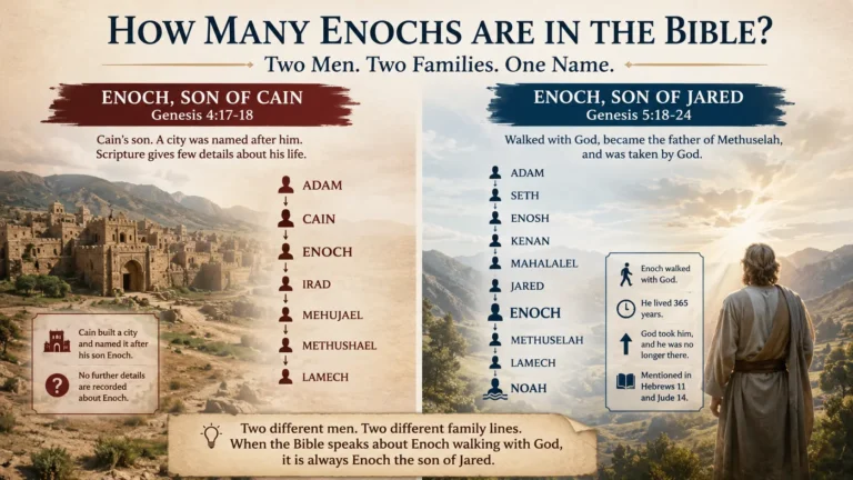 Two Enochs in the Bible compared, showing Enoch son of Cain and Enoch son of Jared with their different family lines.