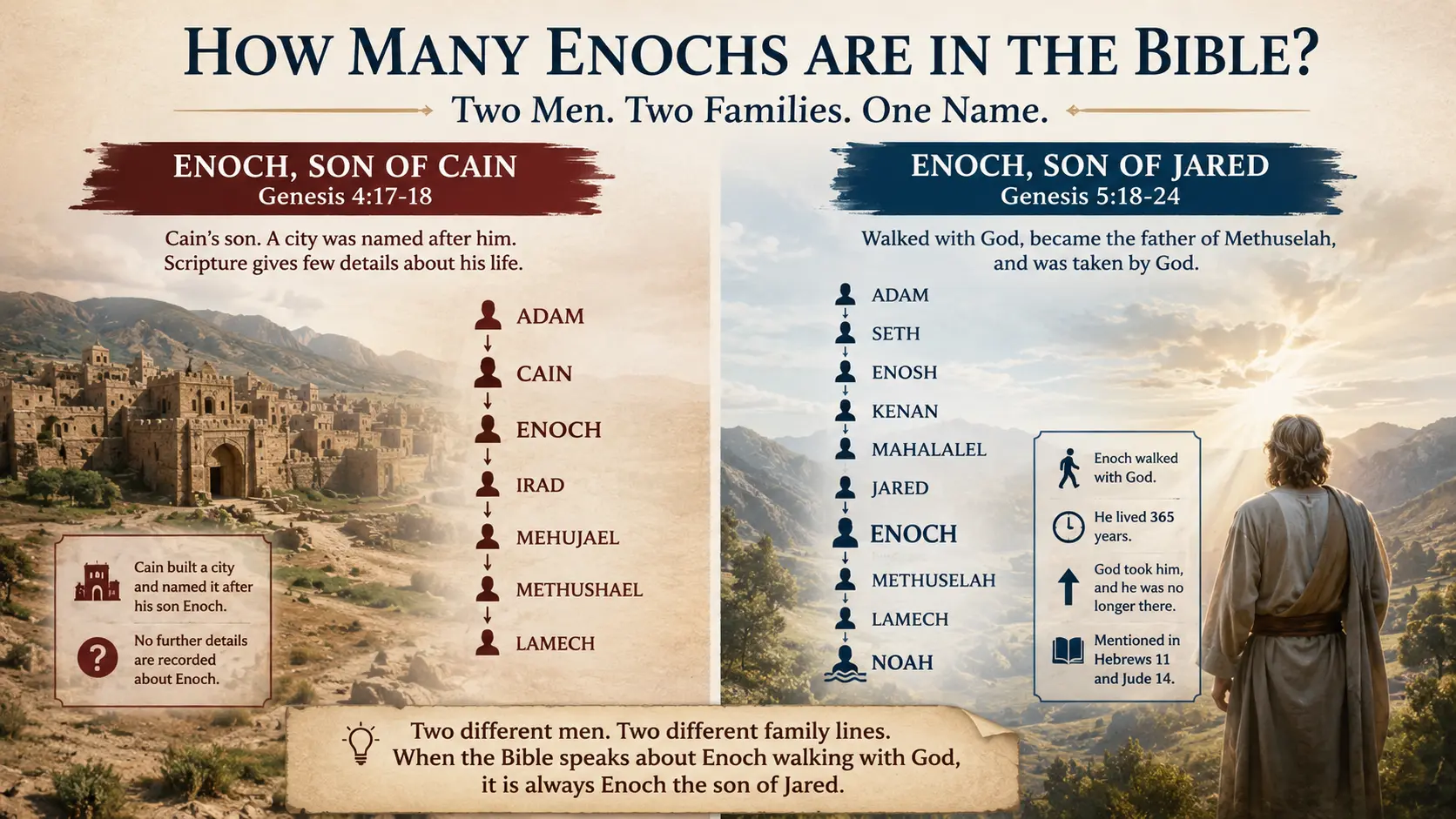 Two Enochs in the Bible compared, showing Enoch son of Cain and Enoch son of Jared with their different family lines.