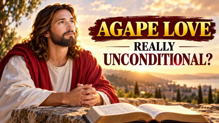 Jesus beside an open Bible at sunset with the words “Agape Love Really Unconditional?” illustrating the biblical meaning of agape love