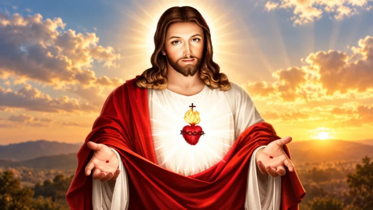 Jesus with open hands and the Sacred Heart at sunset, illustrating a Christian article about what the Bible says on praying for the dead.