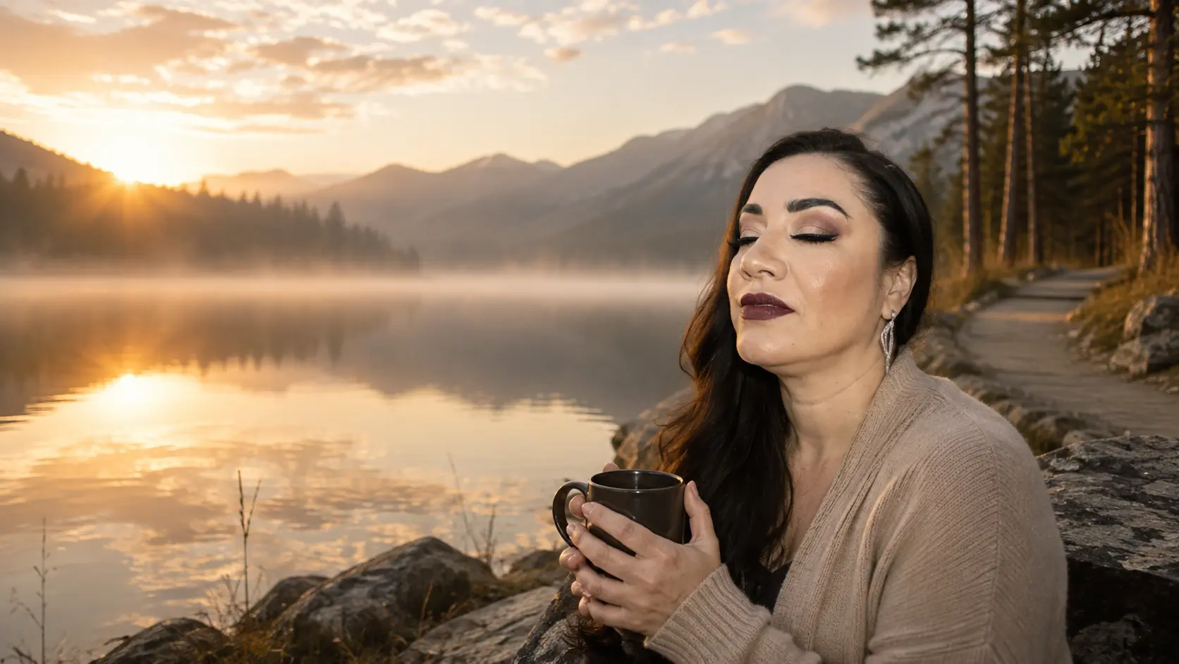 Woman resting beside still waters at sunset, reflecting on Psalm 23, restoration, fear, and the courage to move forward.