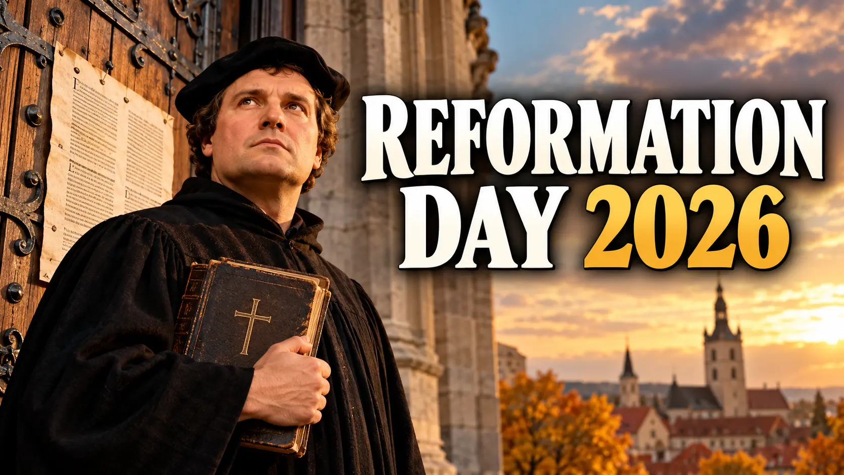Martin Luther holding a Bible beside a church door with the text Reformation Day 2026 at sunset.