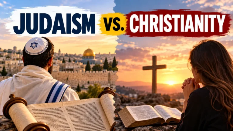 Judaism vs Christianity comparison with a Torah scroll, Bible, praying believers, Jerusalem, and a cross at sunset