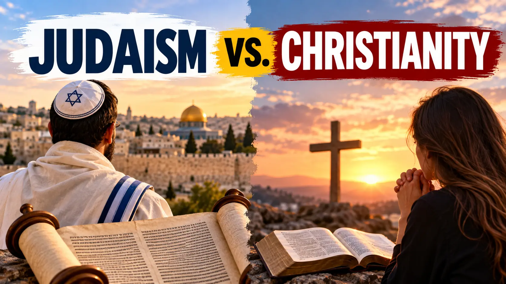 Judaism vs Christianity comparison with a Torah scroll, Bible, praying believers, Jerusalem, and a cross at sunset