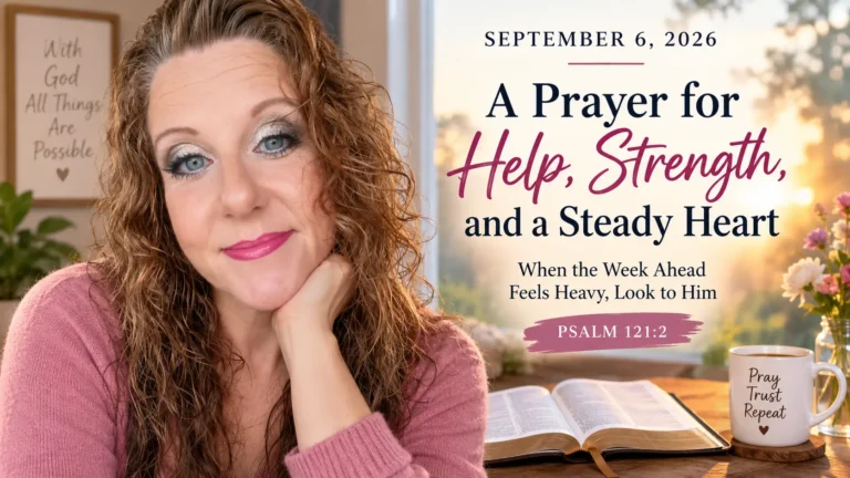 Woman beside an open Bible with September 6, 2026 prayer text about help, strength, and a steady heart.