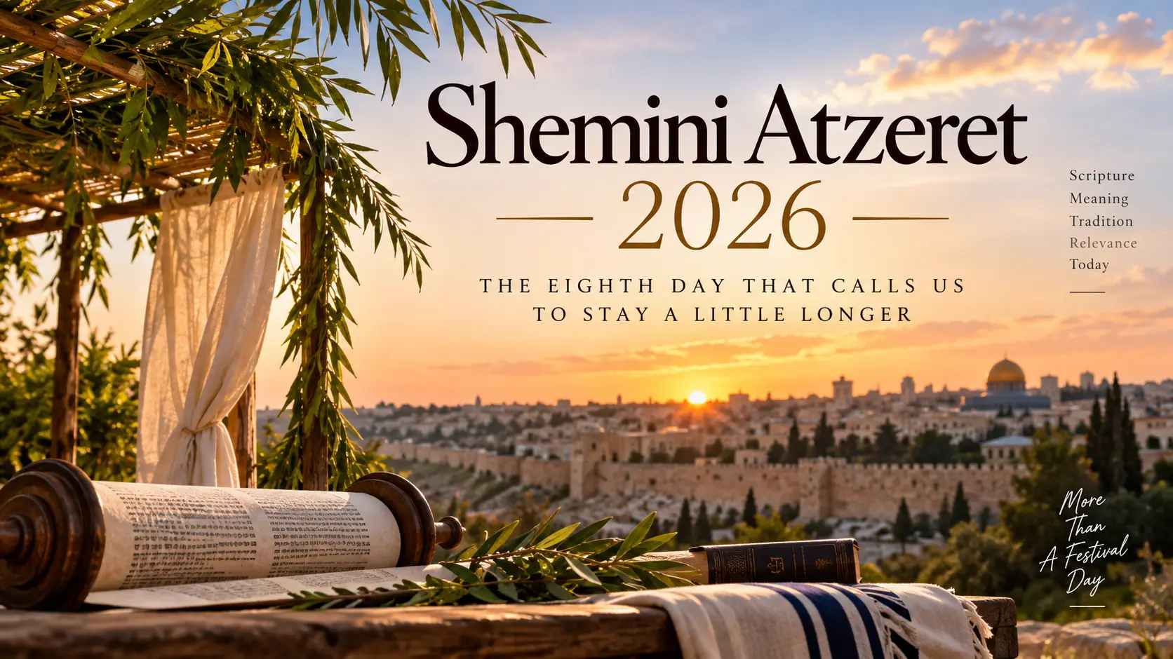 Shemini Atzeret 2026 illustration with Torah scroll, sukkah greenery, and Jerusalem at sunset, representing the biblical eighth-day assembly.