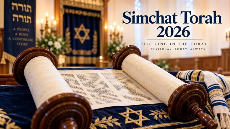 Open Torah scroll in a synagogue for Simchat Torah 2026, celebrating the completion and renewal of the Torah reading cycle