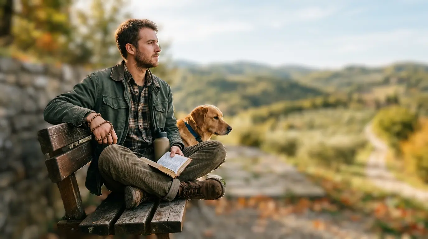A modern man and golden retriever dog sitting on a rustic bench overlooking the Umbrian hills of Italy, next to an ancient open manuscript displaying an illustration of St. Francis of Assisi and the wolf of Gubbio, reflecting the creation praise theology of Psalm 148.