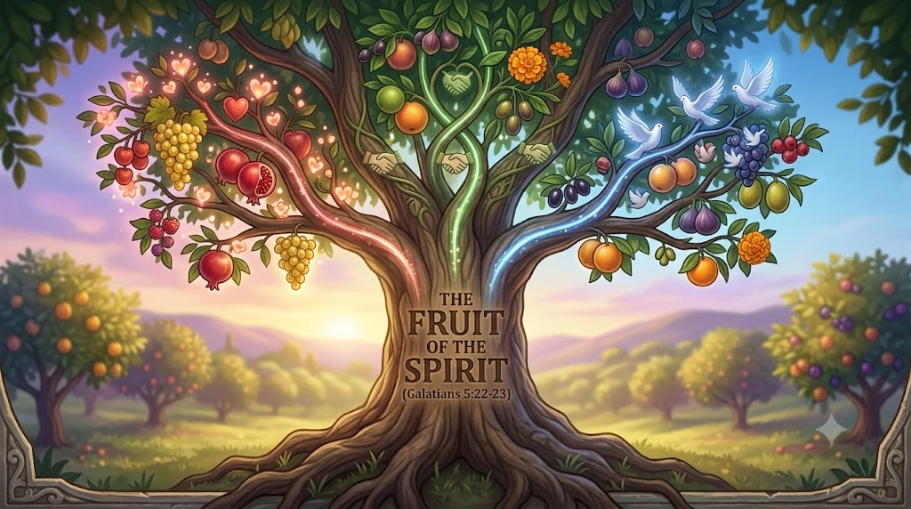 A beautiful conceptual illustration of the Fruit of the Spirit from Galatians 5:22-23, depicted as a massive, vibrant tree rooted in a rolling landscape. The text "THE FRUIT OF THE SPIRIT (Galatians 5:22-23)" is integrated into the tree's trunk