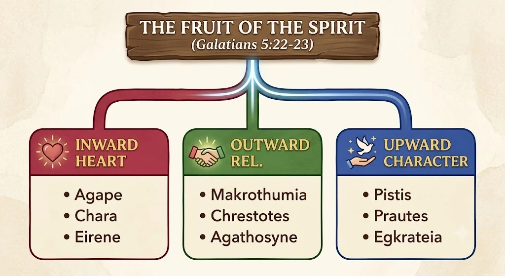 A clean and professional infographic visualizing the hierarchy of the Fruit of the Spirit from Galatians 5:22-23. The top banner features the text "THE FRUIT OF THE SPIRIT (Galatians 5:22-23)" on a wooden sign