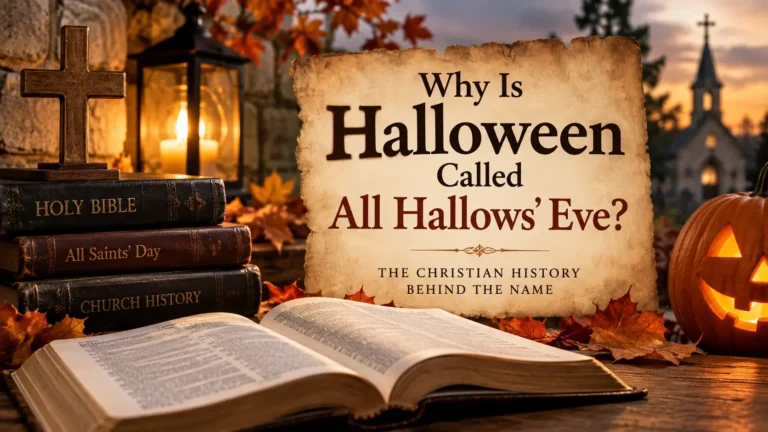 Bible, cross, candle, autumn leaves, and pumpkin illustrating why Halloween is called All Hallows’ Eve.