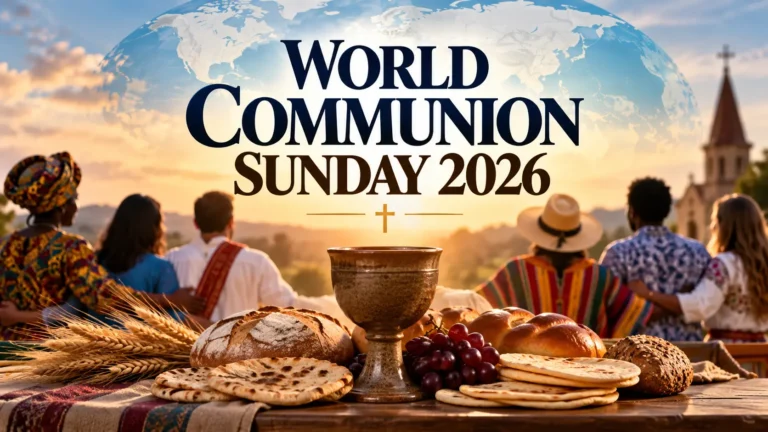 World Communion Sunday 2026 with Communion bread, chalice, diverse Christians, church, and a world map symbolizing Christian unity