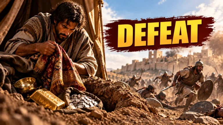Achan secretly hides stolen gold and valuable cloth beneath his tent while Israelite soldiers retreat from the Battle of Ai, illustrating Joshua 7.