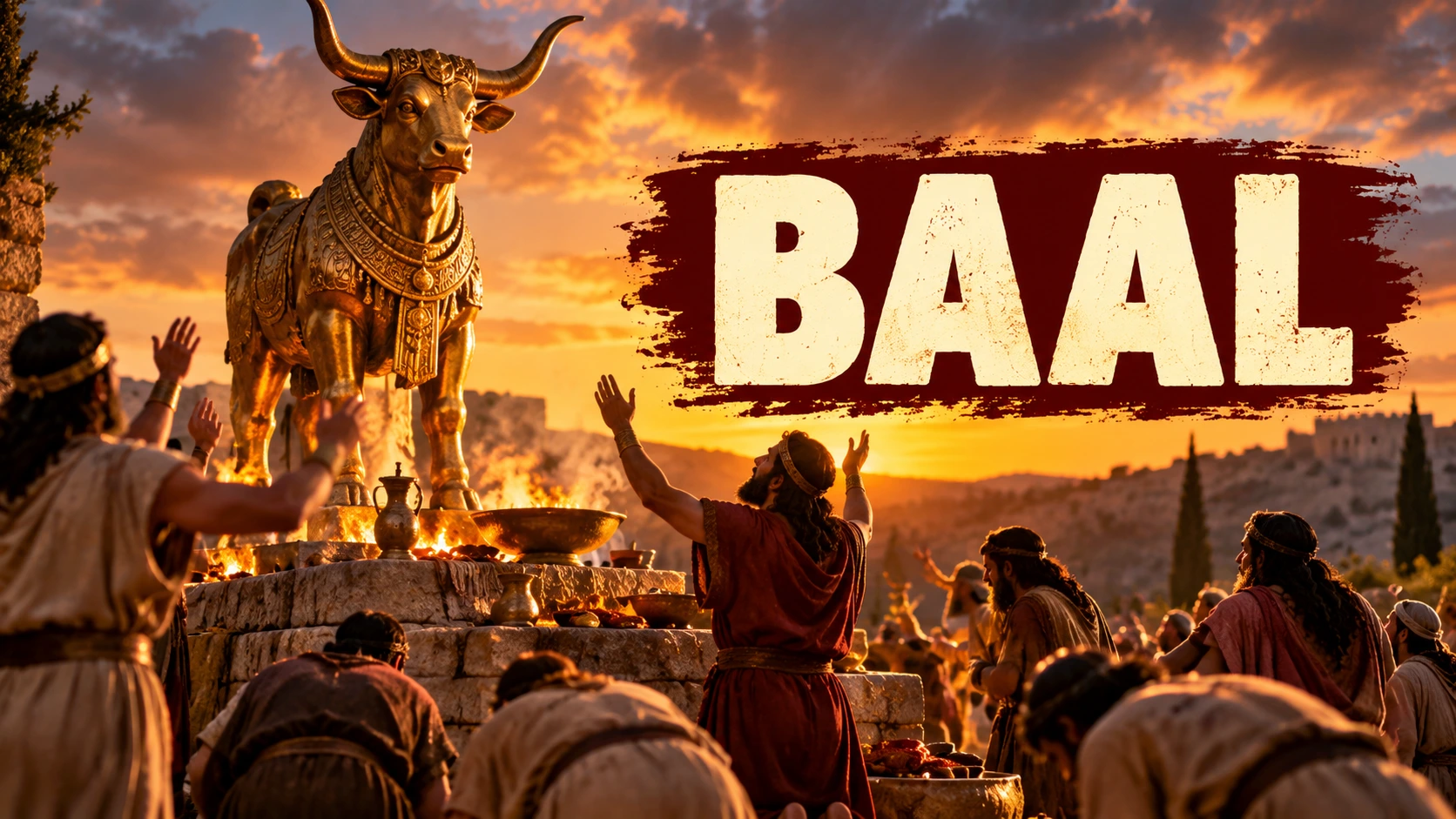 Ancient Israelites worshiping a golden bull idol representing Baal at a stone altar, illustrating Baal worship in the Bible.