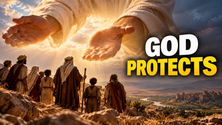 Biblical Israelites standing beneath enormous protective hands symbolizing God's everlasting arms and divine protection in Deuteronomy 33:27.