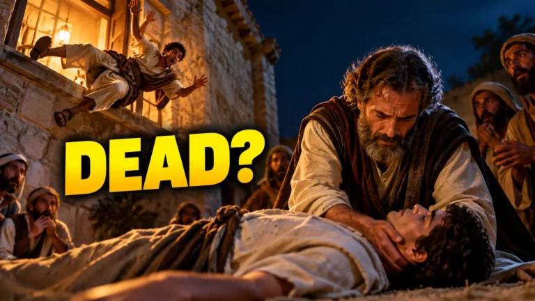 Apostle Paul embracing Eutychus after his fall from a third-story window in Troas, as concerned believers gather around at night.