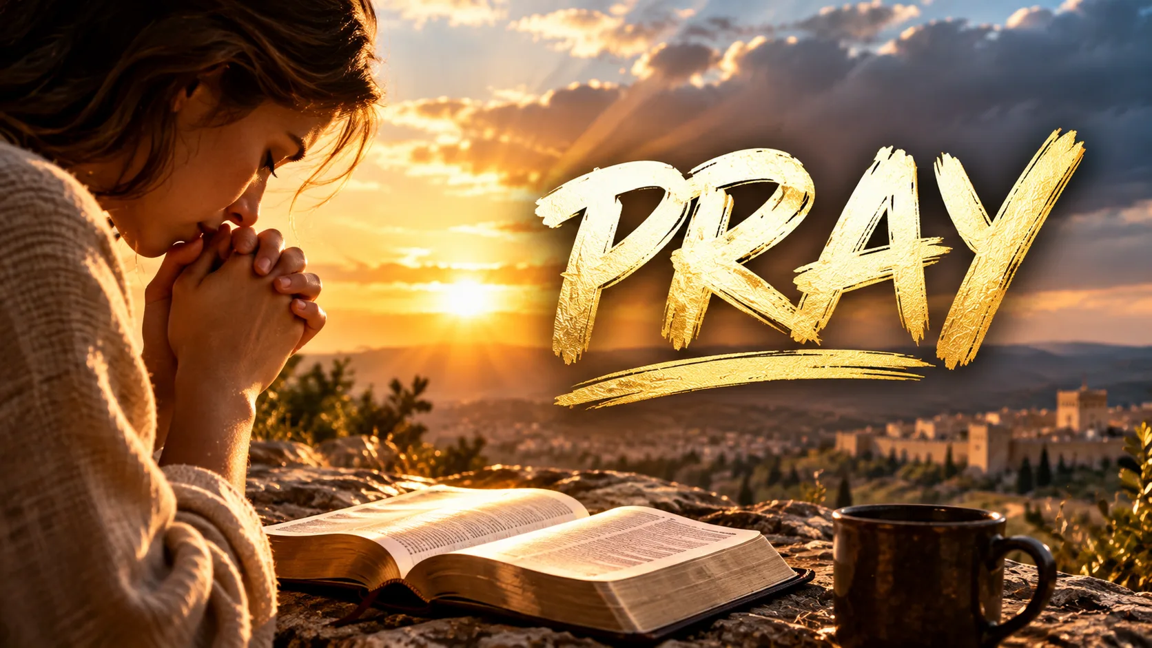 Woman praying beside an open Bible at sunrise, illustrating how to pray Psalm 27 with faith, courage, and hope.