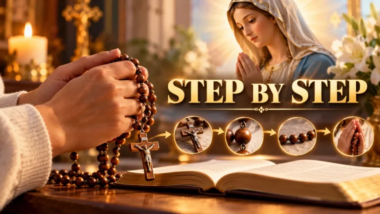 Hands holding Rosary beads beside an open Bible with a step-by-step prayer guide and an image of the Virgin Mary.