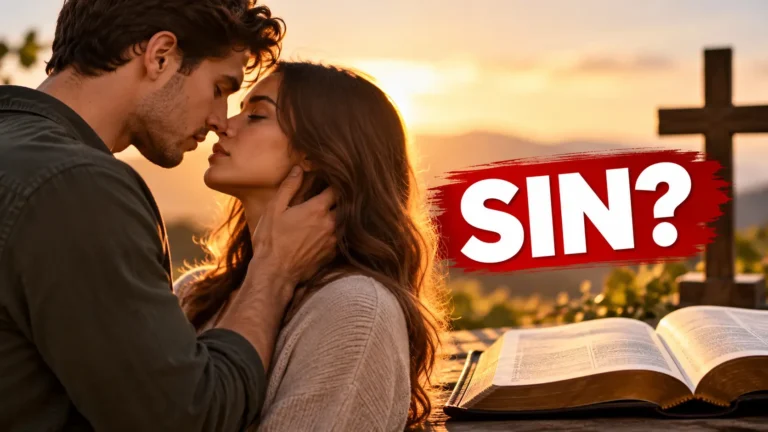 A young Christian couple about to kiss at sunset, with an open Bible, a wooden cross, and bold “SIN?” text illustrating the biblical question of kissing before marriage.