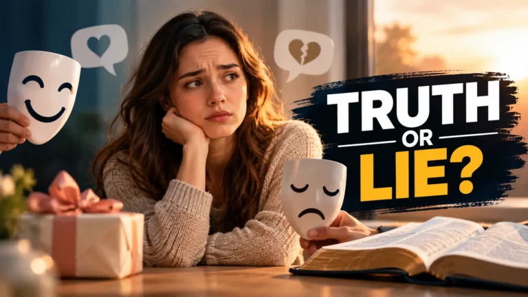 A worried woman holding sad and happy masks beside an open Bible, illustrating the struggle between telling the truth and lying to protect someone's feelings.