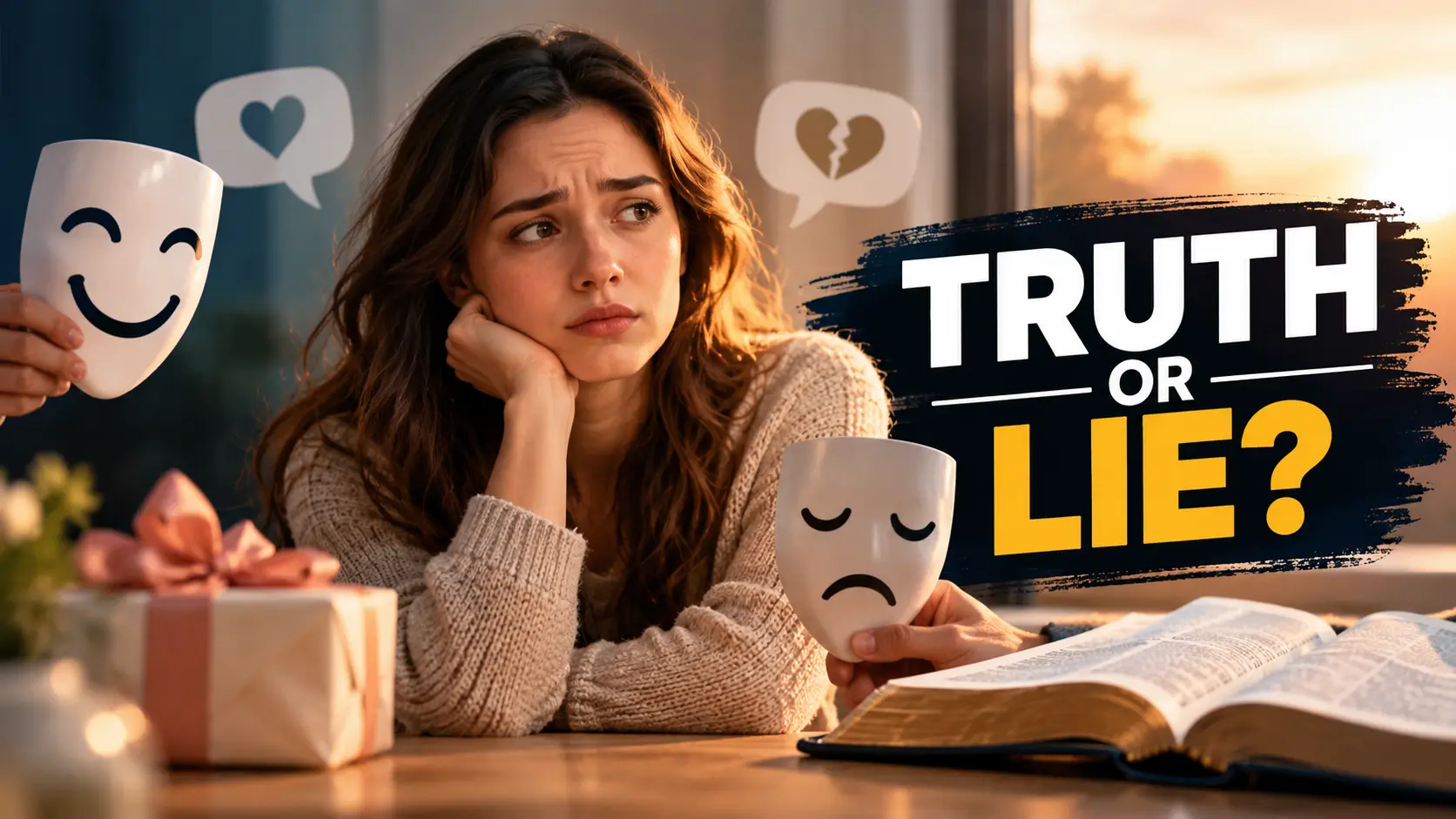 A worried woman holding sad and happy masks beside an open Bible, illustrating the struggle between telling the truth and lying to protect someone's feelings.