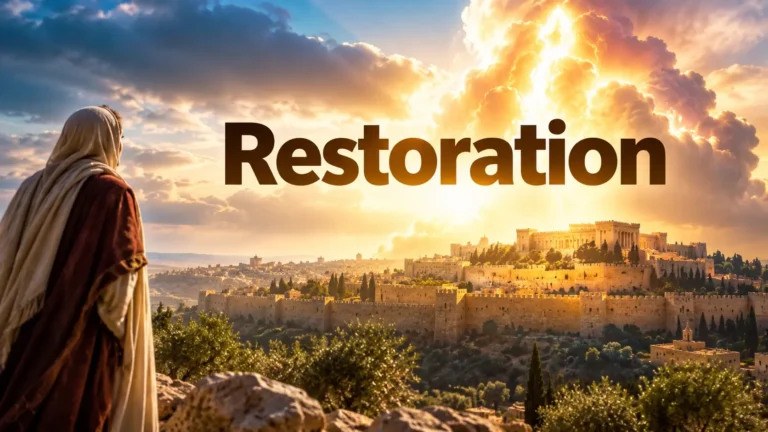 Ancient Jerusalem illuminated by golden sunlight beneath dramatic clouds, symbolizing God's promise to restore and protect Zion in Isaiah 4.