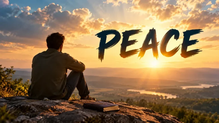 A man sitting on a rocky hill at sunset, looking toward the peaceful horizon, with the bold word “PEACE” illustrating the promise of John 16:33.