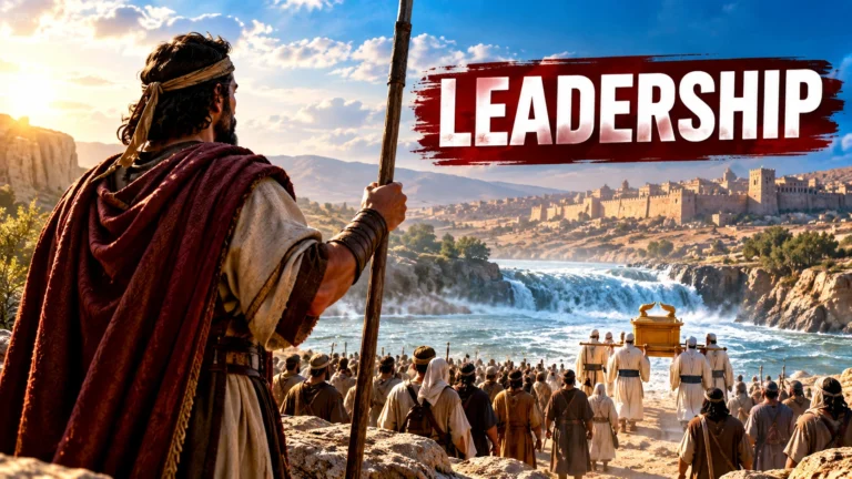 Biblical illustration of Joshua holding a staff as he leads the Israelites and priests carrying the Ark of the Covenant toward the Promised Land.