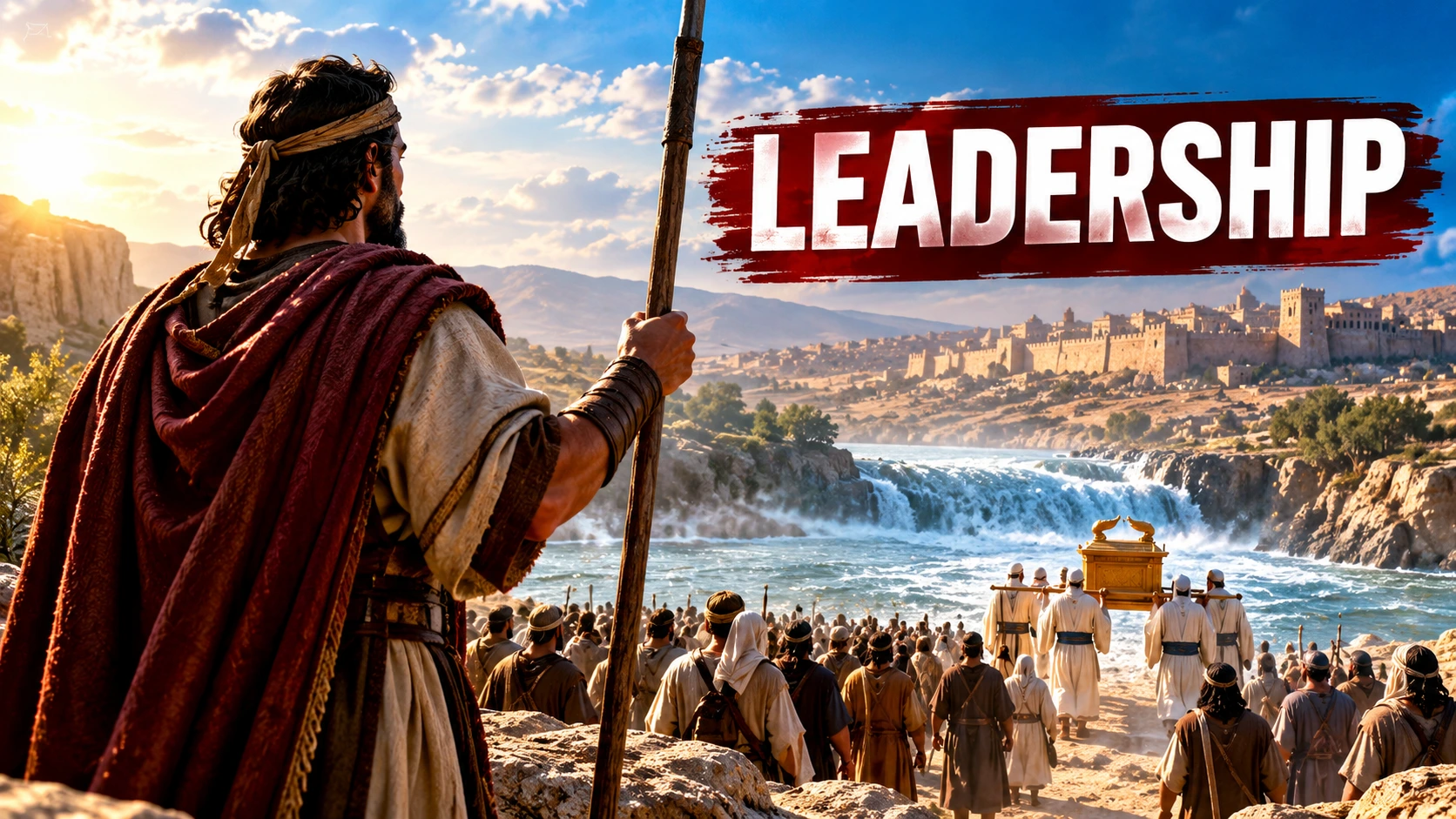 Biblical illustration of Joshua holding a staff as he leads the Israelites and priests carrying the Ark of the Covenant toward the Promised Land.