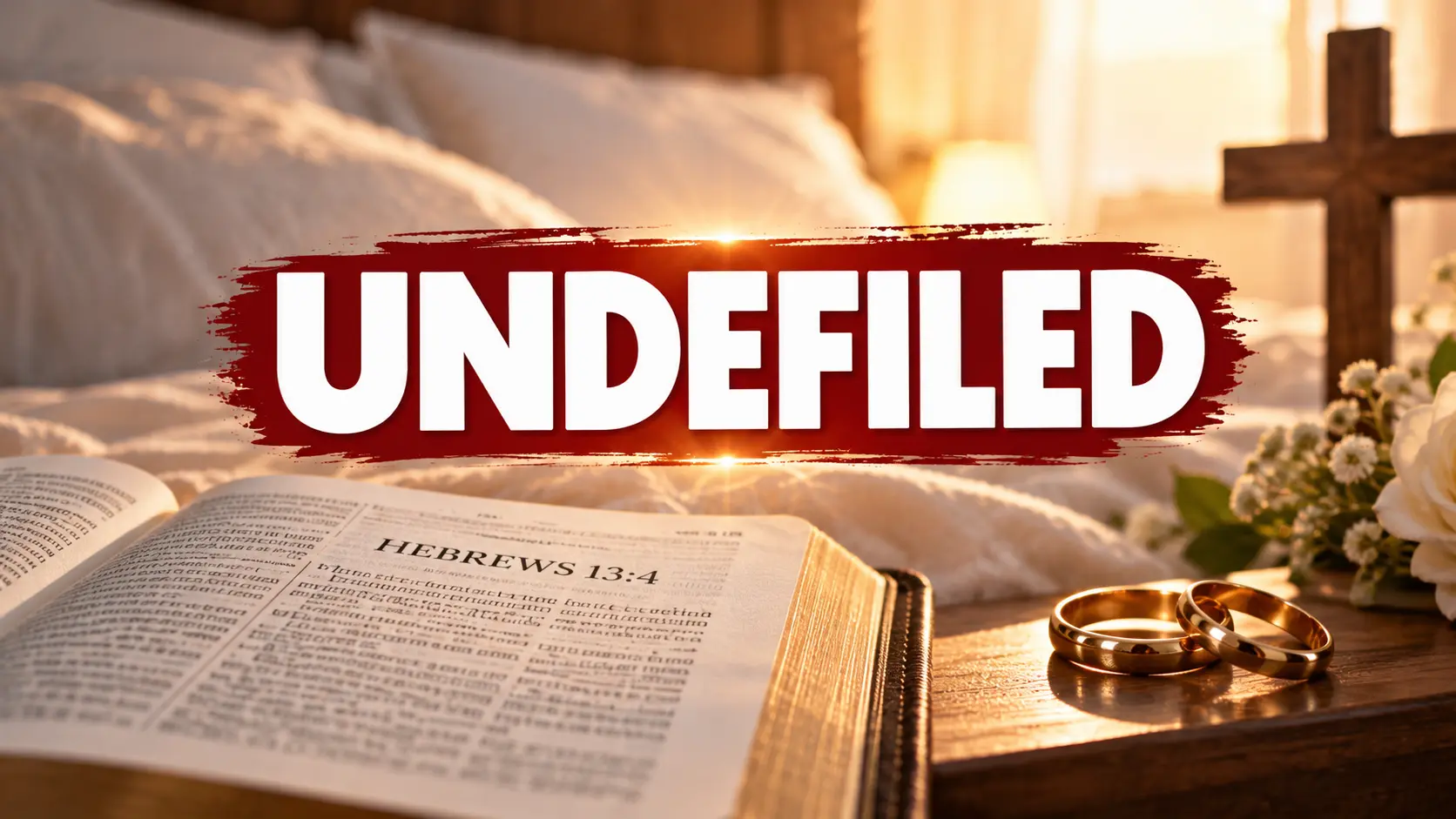 An open Bible displaying Hebrews 13:4 beside gold wedding rings, white flowers, and a wooden cross, with bold “UNDEFILED” text symbolizing biblical marriage, purity, and faithfulness.